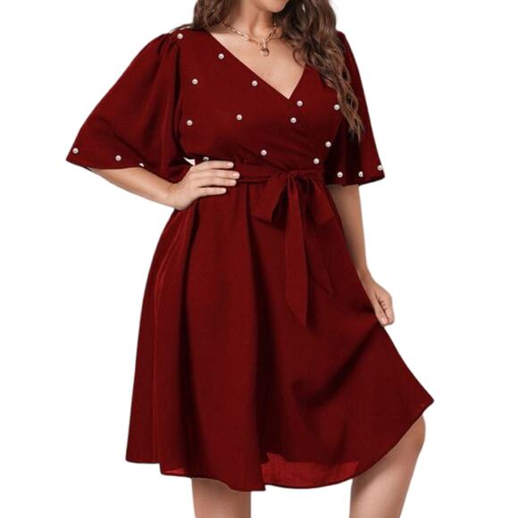 BloomChic Dresses & Skirts - Bloomchic Red Faux Wrap Pearl Stud Short Bell Sleeve Tie Waist Dress Size 22-24